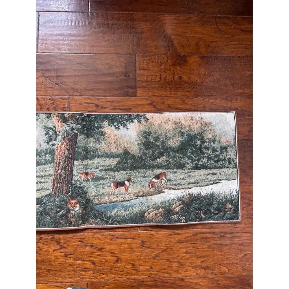 Vintage Fox Hunt Tapestry Wall Hanging Panoramic English Equestrian Scene
